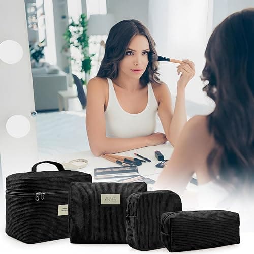 LVWNM 4 Pcs Makeup Bag for Women Corduroy Cosmetic Bag Aesthetic Cute Bags Multi Size Purse Pouch Travel Toiletry Bag Set Makeup Organizer with Zipper(Black) thumbnail 7