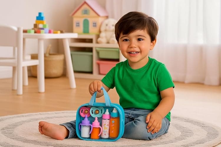 fash n kolor My Sweet Baby Disappearing Doll Feeding Set, Baby Care 6 Piece Doll Feeding Set - for Toy Stroller | 2 Milk & Juice Bottles with 2 Toy Pacifier for Baby Dolls (Blue) thumbnail 6