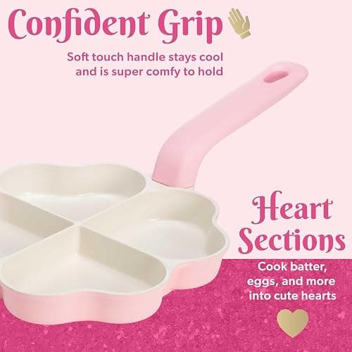 Paris Hilton Heart-Shaped Divided Fry Pan, Ceramic Nonstick Frying Pan with Individual Heart Sections, Dishwasher Safe, 8-Inch, Pink thumbnail 5