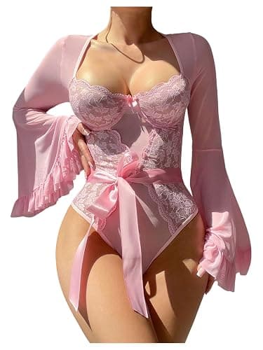 SHENHE Women's Lace Lingerie Sheer Mesh Bell Long Sleeve Low Cut Underwire Teddy Bodysuit - Image 1