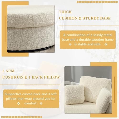Swivel Barrel Chair, Modern Fabric Oversized 360 Degree Club Accent Arm Chairs, Single Round Living Room Sofa Chair w/ 3 Pillows for Nursery, Bedroom, Reading, Office, Ivory thumbnail 6