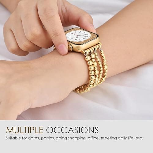 AIRSPO Gold Beaded Bracelets Compatible for Apple Watch Band 38mm 40mm 41mm 42mm Women, Fashion Handmade Dressy iPhone Watch Bands Stainless Steel Beads Elastic Strap for iWatch Series 11 10 9 SE 8 7 6 5 4 3 2 1 Gold Bead thumbnail 7