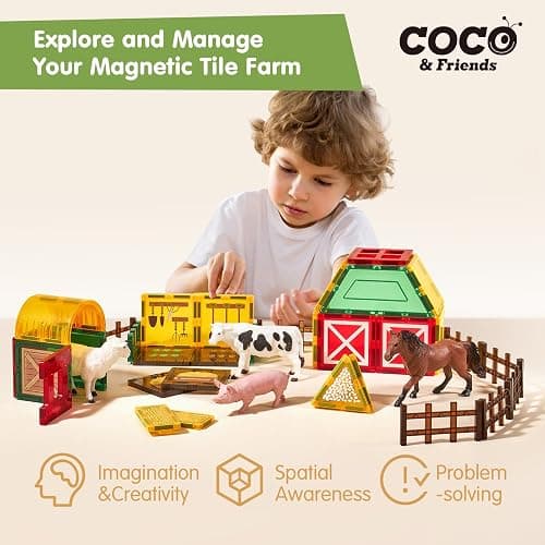 COCO&Friends Magnetic Tiles Farm Animals for Toddlers Kids Ages 3-8 - 45 PCS Magnetic Blocks with Fence Building Toys for 3 Year Old Girl Boy Birthday Gift - Montessori Educational Magnet Toys thumbnail 3