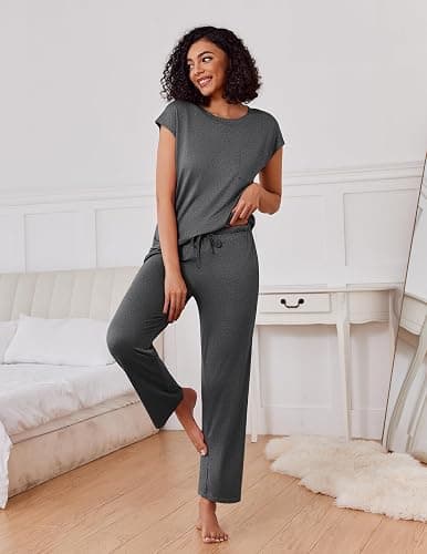 Ekouaer 2 Packs Pajamas for Women Set Cap Sleeve Top and Pants Lounge Set | Soft Comfy Pjs Set Sleepwear with Pockets Loungewear thumbnail 6