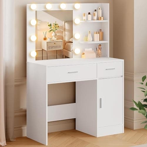 LIVELYGLOW White Makeup Vanity with 10 Hollywood Light Bulbs, 35.4" Wide Dressing Table with Large Mirror & Dimming Function, Small Space Vanity Desk with 2 Drawers, Storage Cabinet & Shelves thumbnail 8