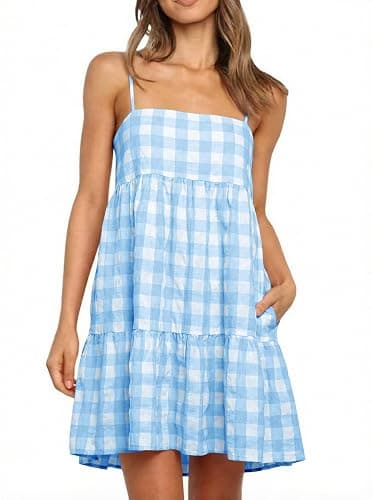 Wenrine Womens Summer Plaid Mini Dress Casual Spaghetti Strap Sleeveless A Line Beach Sundress with Pockets - Image 1
