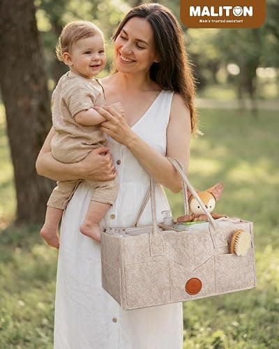 Maliton Panier Rangement Bébé Portable en Feutre avec Poignée Compartiments Détachables, Pour la table à langer ou la chambre du bébé, Pour les couches, lingettes et inserts, Marron thumbnail 7