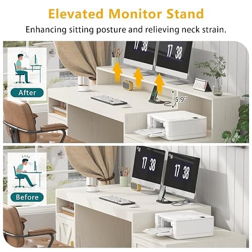 TVU 65" White Computer Desk with Drawers and Printer Stand for Home Office | Office Desk with Power Outlets and Storage Cabinet, Study Writing Desks with Long Monitor Stand thumbnail 7