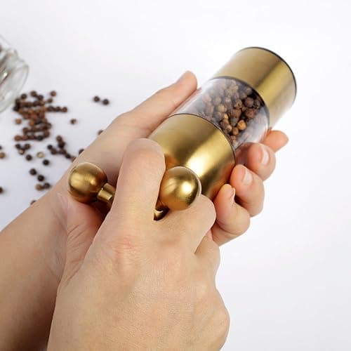 (Gold,2PCS) Salt, Pepper Modern Manual Grinder Set with Solid Handle - Stainless Steel Juego de Molinillo Dorado/Antique Faucet Shakers | Refillable Adjustable Coarseness Mill for BBQ Restaurant, Home thumbnail 2