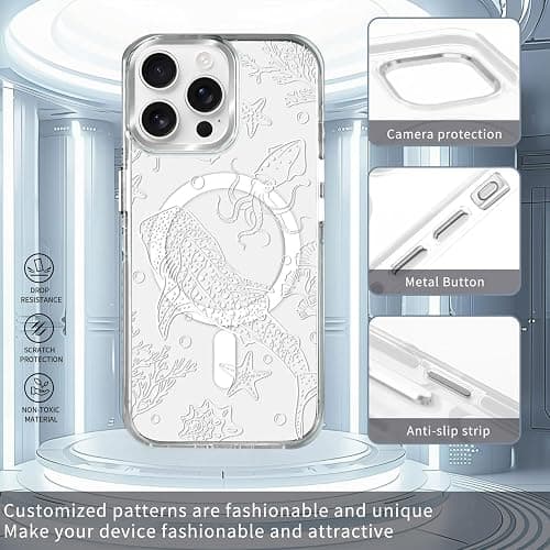 OKBUOK for iPhone 13/14 Case [Compatible with Magsafe],Girls Women Clear Magnetic Case Silicone Shockproof Protective Cover with Pattern White Ocean Whale Shark thumbnail 4
