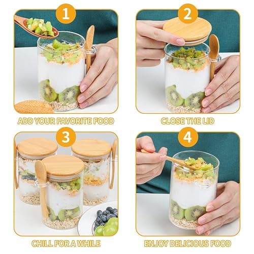 Eidoct 4-Pack Overnight Oats Containers with Wooden Lids and Spoon | 16 oz Overnight Oats Jars, Glass Food Storage Container for Oatmeal, Chia Pudding, Yogurt, Salad, Cereal thumbnail 6