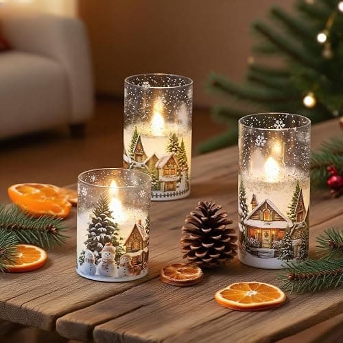 DRomance Snowman House Glass Flameless Candles Battery Operated with Remote and Timer Real Wax LED Flickering Pillar Candles Cold White Light Window Christmas Holiday Decor 3" D x 4", 5", 6" H thumbnail 6