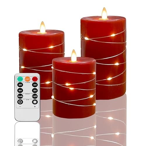 Fanzir Red flameless Candles with Remote Control Timer Battery Operated LED Pillar Candles 4‘’ 5‘’ 6‘’ Fake Candles with String Lights Set of 3 for Christmas or Special Festivals Decorations - Image 1