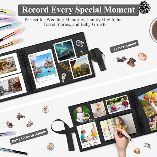 DazSpirit DIY Scrapbook Photo Album with Ribbon, 80 Pages/40 Sheets Scrap Book Rectangle Hardcover Photo Book, With 12 Marker Pens & 7 Stickers, Ideal for Scrapbooking, Arts, Crafts and DIY, Black thumbnail 6