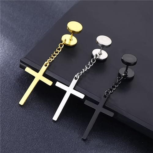17 Pairs Earrings for Men, Stainless Steel Earrings For Men Sensitive Skin, Fashion Earring Piercing Jewelry Cross Dangle Hoop Earrings Kit Studs Long-lasting Shine thumbnail 5