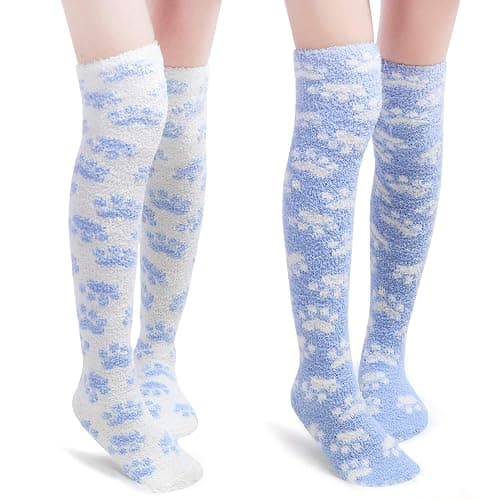 Littleforbig Cute Coral Fleece Thigh High Long Paws Pattern Socks 2 Pairs - Image 1