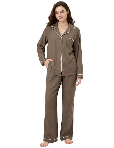 CLOUDCOVE Pajamas for Women Set 100% Gauze Cotton Linen Feel Pajama 2 Piece Sleepwear Nightwear Soft Button Pjs Lounge Set - Image 1