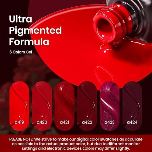 Beetles Red Gel Polish Set - 6 Colors Burgundy Red Gel Nail Polish Popular Shimmer Red-Obsession Collection Nails Art Design Soak Off Uv LED Nail Kit Minicure DIY Home Christmas Nails Set thumbnail 3