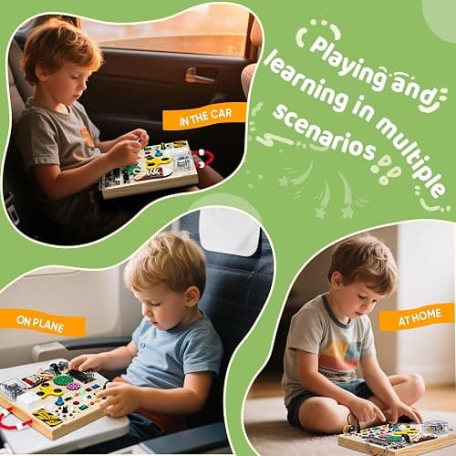 GNAYUIJ Montessori Wooden Busy Board Toys for 1 2 3 Years Old Boys Girls,Toddler Sensory Educational Fidget Board Travel Toy with LED Light Up Switches & Music Boxes, Locks for 1 to 6 Year Kids Gifts thumbnail 4