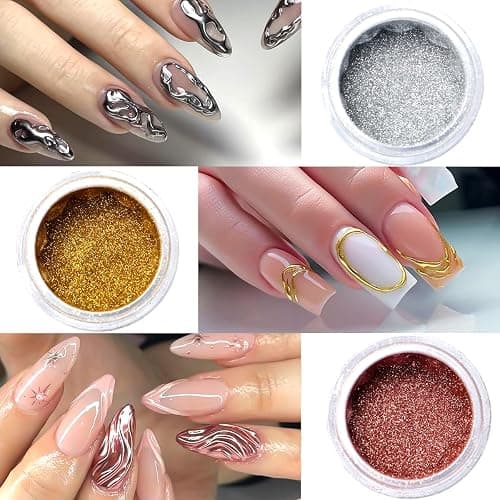 SUTOZMIWE Chrome Nail Powder Metallic Gold And Silver, Magic Mirror Effect Pigment Glitter Rubbing Dust, 3D Carving Nail Molding Gel & Holographic Dip Nail Powder Kit for Nail Decor Home Manicure DIY thumbnail 3