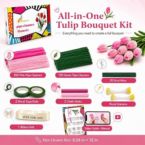 Quaystars 400Pcs Pipe Cleaners Bulk for Crafts - Tulip Flower Making Kit with Chenille Stems, Wire & Tape - DIY Arts and Crafts Supplies for Adults, Gift (Green, Pink) thumbnail 2