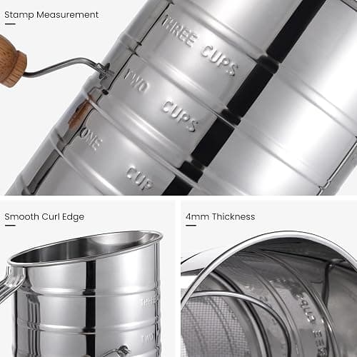 Flour Sifter, 3 Cup Flour Sifter for Baking Fine Mesh Rotary Hand Crank with Loop Agitator for Quick Sifting, Flour Sifter Stainlees Steel, Crank Sifter Flour for Baking Cakes and Spices Toresano thumbnail 3