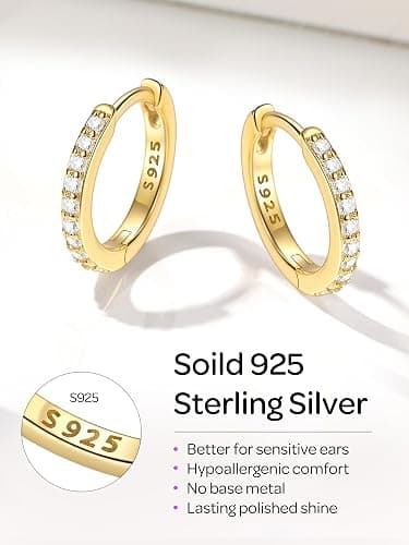 ChicSilver 925 Sterling Silver Huggie Earrings for Women 14K Gold Plated Silver Hoop Earrings for Women Hypoallergenic Small Cubic Zirconia Huggie Earring (6/8/10/12/14/16/18/20mm) thumbnail 7
