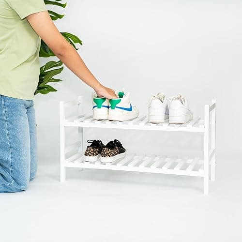 PJ Wood - Stackable White Wooden Shoe Rack - 2 Tier, 6 Pair | 29.1 x 29.1 x 15.7 in, Freestanding Floor Mount, No Assembly Required, Polished Waxed Finish, Rectangular Design, Hallway thumbnail 2