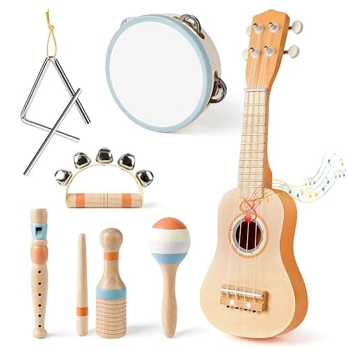 Vanplay Kids Guitar Set, 7-Piece Wooden Musical Instruments for Toddler 2-3 | Musical Band Set with wooden Ukulele/Flute/Maracas/Tambourine, Christmas/Birthday Gift for Boys & Girls Age 2 3 4 5 - Image 1