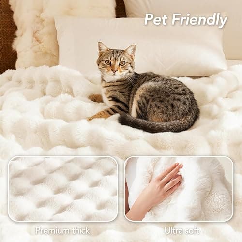 L'AGRATY Faux Fur Throw Blanket: 60" x 80" Luxury Soft Fluffy Thick Rabbit Fur Blankets for Twin Bed Couch - Cozy Plush Bubble Blankets for Winter: Warm Flannel Fleece Decorative Blanket(Cream White) thumbnail 6