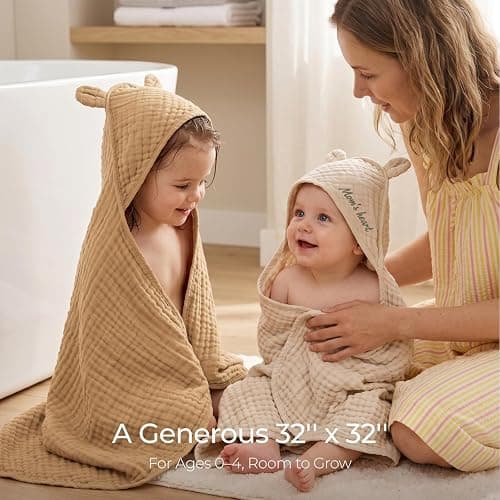 Momcozy 6-Layer Muslin Cotton Baby Towels with Hood, 32x32 Inch, Brown | 6-Layer 100% Cotton Muslin Hooded Baby Towel Set for Newborn, Infant & Toddler, Soft Absorbent Baby Bath Essentials thumbnail 2