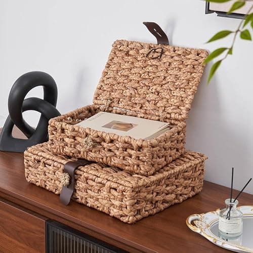 Wooswen Wicker Storage Basket Decorative Box with Lid, Water Hyacinth Woven Design for Shelf& Coffee Table Large thumbnail 3