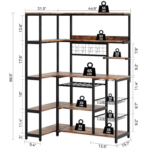 IRONCK Large Bakers Rack with Power Outlet, 6-Tier Corner Microwave Stand, Industrial Coffee Bar with Wine Rack, Hooks & Wire Baskets for Kitchen Spices/Pots, Rustic Brown thumbnail 2