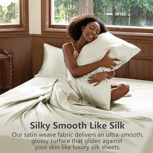 CozyLux Satin Sheets Full Size Sheets - 4 Piece Silky Full Size Bed Sheets, Luxury Cream Full Bed Set with Smooth and Soft Microfiber, Includes 1 Fitted Sheet, 1 Flat Sheet and 2 Pillowcases thumbnail 3