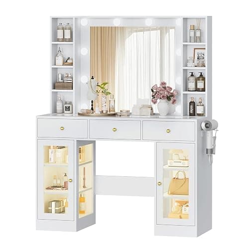 Wodeer Makeup Vanity Desk with Mirror and Lights, White Vanity with Glass Top, LED Lights & Power Outlet, 3 Drawers & 2 RGB Glass Cabinets, Adjustable Lighted Dressing Table for Women & Girls Bedroom thumbnail 9