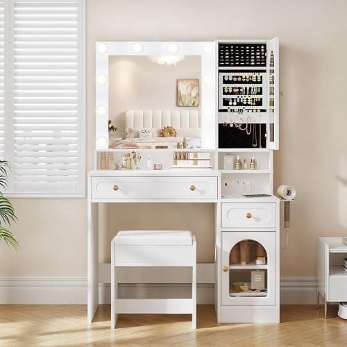 Maupvit Vanity Desk with Mirror and Light，Vanity Desk with 2 Large Drawers, 2 Large Storage，Charging Station and 10 Lights 3 Lighting Modes Adjustable Brightness Dresser, White thumbnail 3