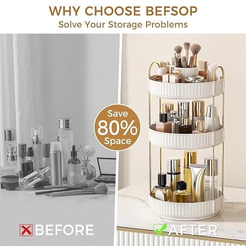 360° Rotating Makeup Organizer, Upgraded 3 Tier Skincare Perfume Organizers for Women, Bathroom Organizer Countertop, Clear Cosmetic Dresser Organizer with Makeup Brush Holder, Sink&Counter(White) thumbnail 3
