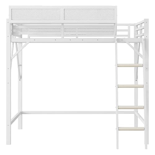KEIKI Full Size Metal Loft Bed Frame with Ladder and Built-in Storage Shelves, for Teens, Modern Style Loft Bed with Solid Slats, Guardrail, No Box Spring Required, Easy Assembly, for Bedroom, White thumbnail 7