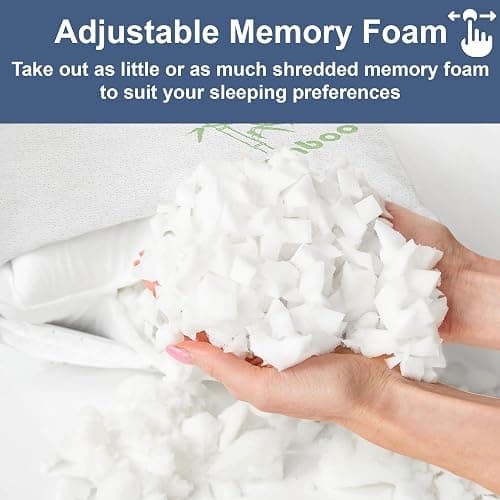 Memory Foam Rayon Bamboo Pillows Queen Size Set of 2 for Sleeping [Adjustable] - Cool & Breathable Cover with Zipper Rayon Bamboo Pillowcase - Relieves Neck Pain - Back/Stomach/Side Sleeper thumbnail 3