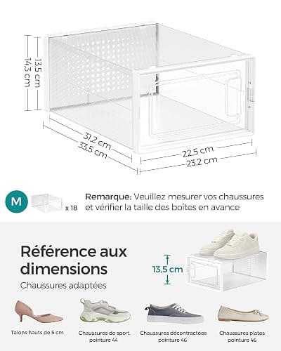 SONGMICS Boîtes à Chaussures, Lot de 18, Rangement Chaussures, Pliable, pour Pointure Jusqu’à 44, Transparent et Blanc LSP18SWT thumbnail 3