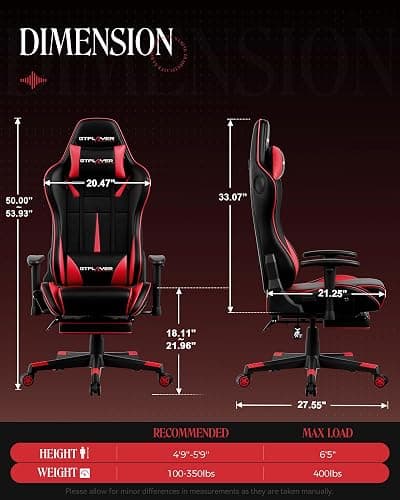 GTPLAYER Gaming Chair with Speakers, Video Game Chairs with Footrest, PC Gamer Chairs for Adults - Padded High Back Ergonomic Reclining Silla Gamer, Linkage Armrest, 909MF, Black-Red thumbnail 2