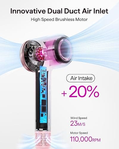 Hair Dryer, Wavytalk Turblow Pro Fast Drying Blow Dryer with Diffuser, High Speed Hair Dryer with 110,000 RPM, Pro Negative Ions for Reduces Damage, Frizz Smoothing, 3 Speeds & 3 Temps, Pink - Light Pink thumbnail 4