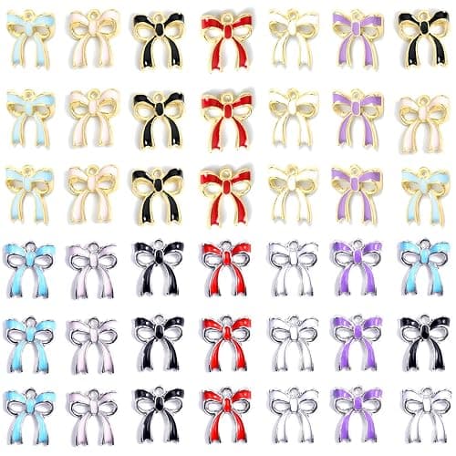 40/60PCs Metal Enamel & Rhinestone Bow Charms for Jewelry Making, Silver & Gold Plated Bow Charms for Bracelets Keychains - Image 1
