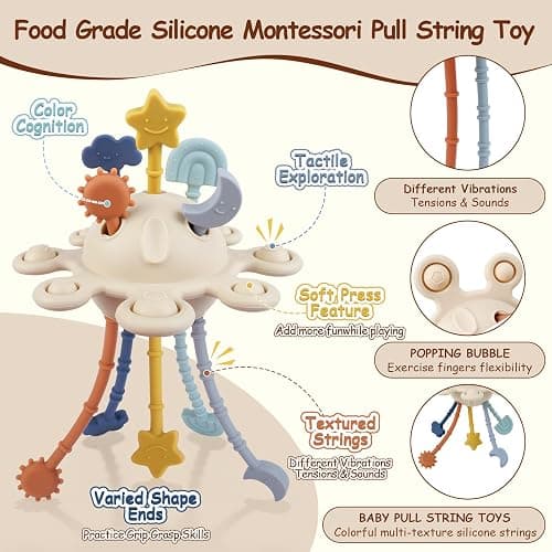 TYRY.HU Silicone Baby Sensory Montessori Toys,Silicone Pull String Fidget Toys for Babies 18 Months+, Travel Toy for Plane, Car, and Stroller, Early Educational Fine Motor Skills Toy for Toddlers thumbnail 3