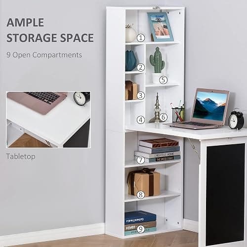 Zentrava Foldable Wall Mounted Desk with Storage Shelves, Fold Out Convertible Computer Table with Blackboard, Folding Writing Table Workstation for Small Spaces,Home Office (White) thumbnail 7