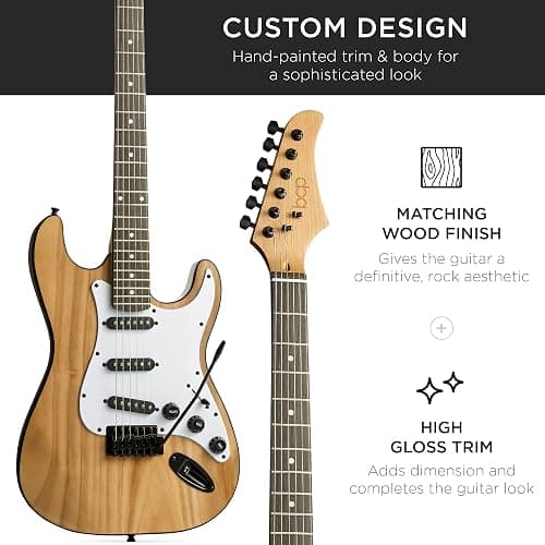 Best Choice Products 39in Full Size Beginner Electric Guitar Starter Kit w/Case, Strap, 10W Amp, Strings, Pick, Tremolo Bar - Natural - Natural thumbnail 6