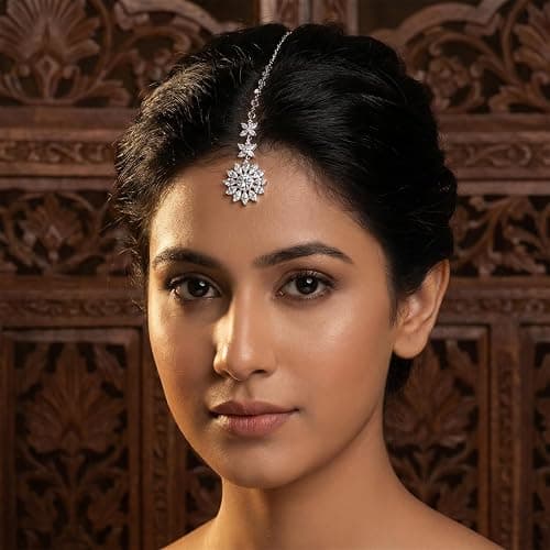 Yolev Indian Head Jewelry, Flower Headpiece Jewelry, Forehead Jewelry Chain | Pendant Rhinestone,Prom Zircon Flower,Boho Indian,Silver,forehead jewelry for women,Bride Wedding Headbands, Festival Head thumbnail 2