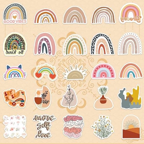 Amitorfo 100pcs Boho Aesthetic Stickers for Water Bottles & Laptops – Waterproof PVC, 5–7 cm – Retro Rainbow, Floral, Line Art & Sun Decals – Cute VSCO Vinyl Stickers for Teens, Students & Adults thumbnail 6