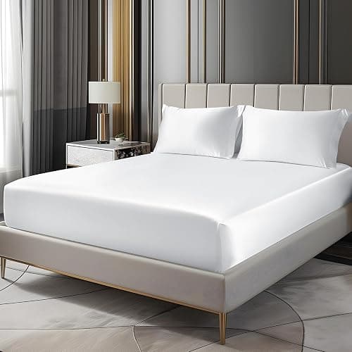 BEDELITE Satin Fitted Sheet and Pillowcases Set, Luxury Soft Similar to Silk Bottom Bed Sheet with Elastic Corner Straps, Deep Pocket up to 15 Inch, 1 Fitted Sheet and 2 Pillowcases(Queen,White) - Image 1