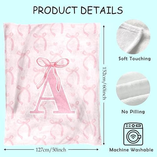 JKMBN Coquette Pink Bow Throw Blanket,Personalized Initial A Soft Fluffy Cozy Flannel Blanket,Monogrammed Gifts for Daughter Women Teen Girls,Customized Blanket for Bedding Bedroom Office,50x60 Inches thumbnail 2